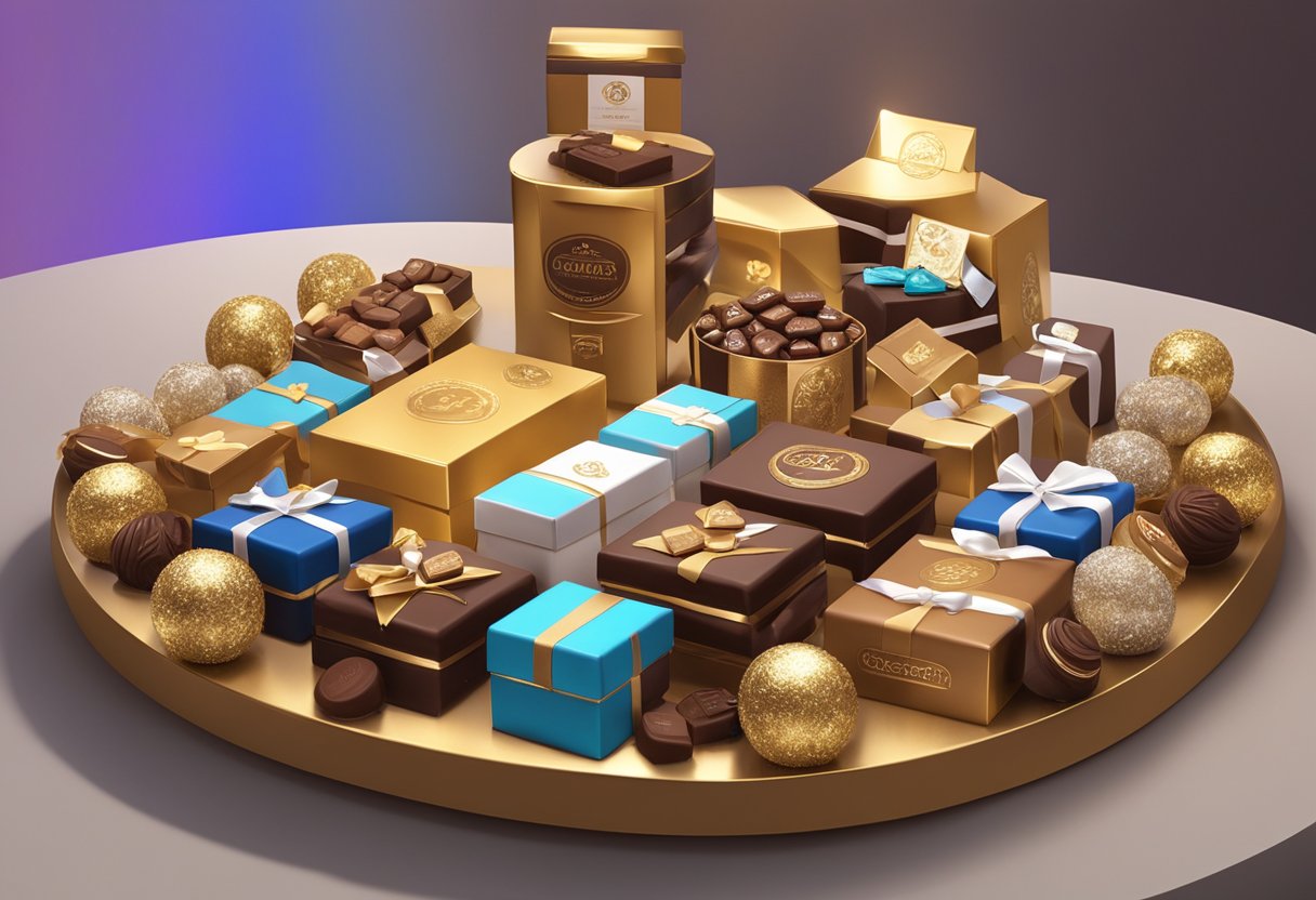 A table adorned with assorted chocolate gifts, branded with corporate logos, displayed elegantly under soft lighting