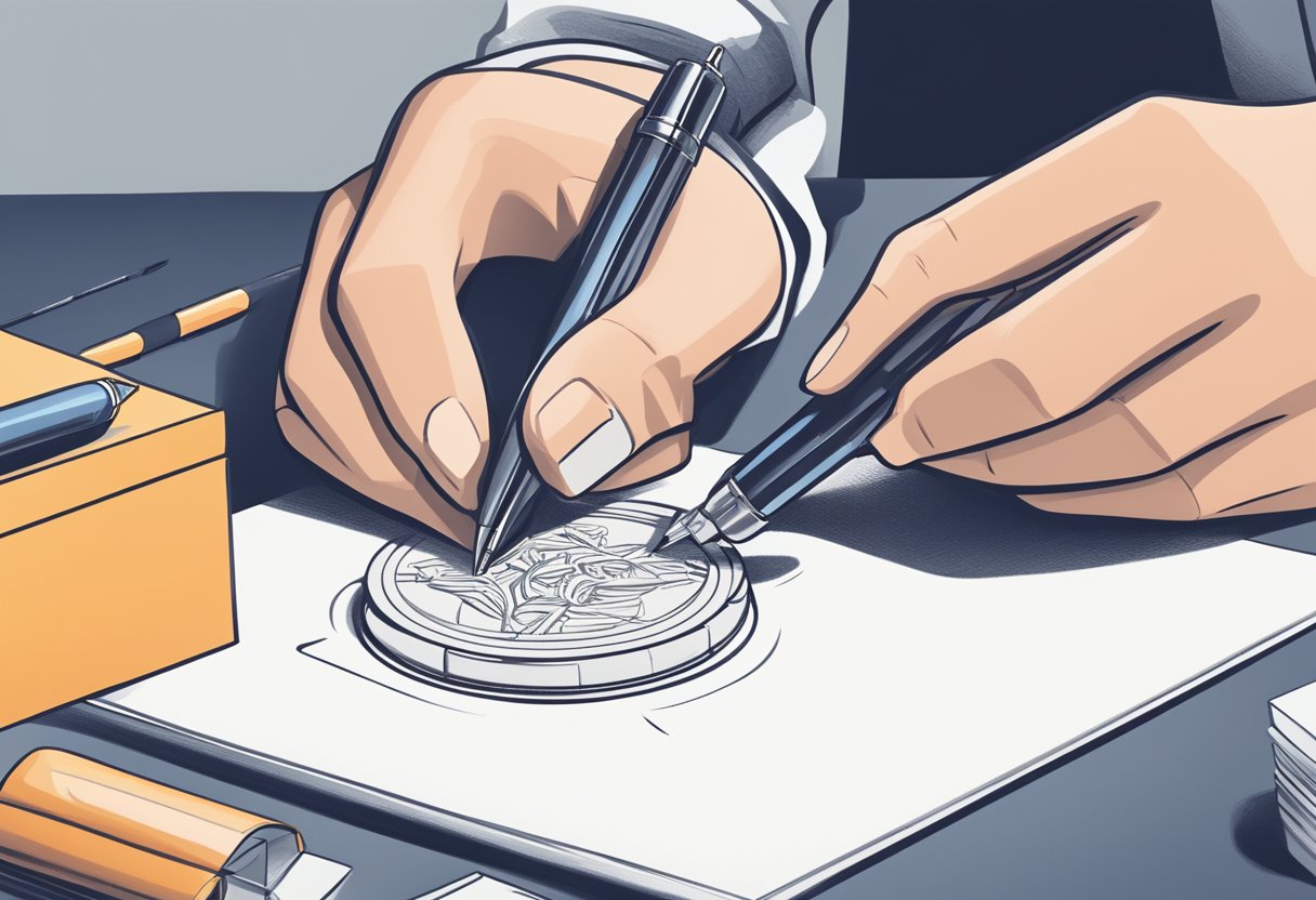 A company logo is being engraved on a sleek pen, while a stack of gift boxes is being prepared for delivery