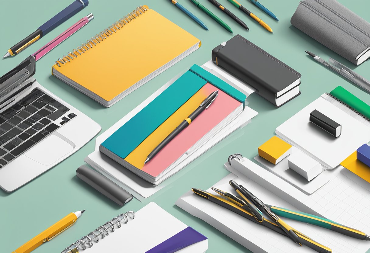 A desk with branded pens, notebooks, and folders displayed neatly. A logo is visible on each item