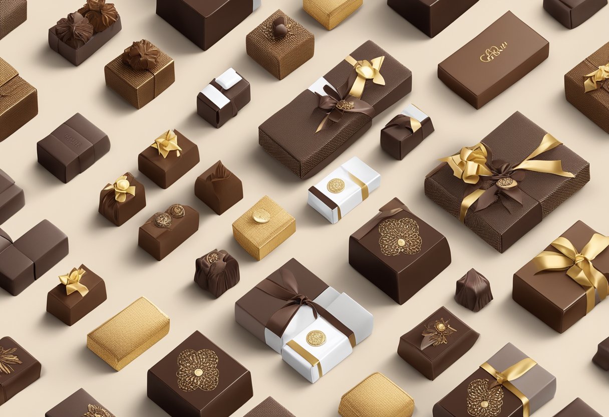 A table adorned with an assortment of luxurious chocolate corporate gifts, neatly arranged with elegant packaging and personalized branding