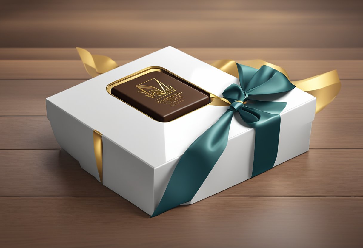 A hand reaches for a box of elegant corporate chocolate gifts, displayed on a polished wooden table. The packaging is sleek and professional, with the company logo embossed in gold