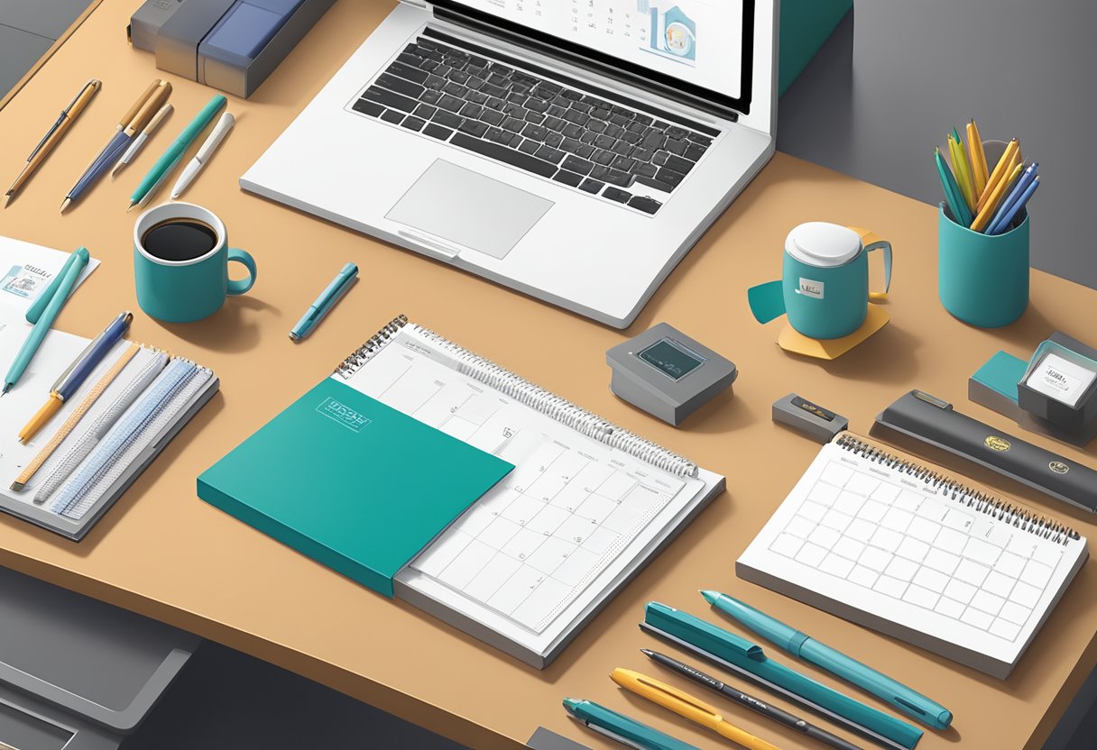 A desk with branded corporate gift stationary, including pens, notepads, and calendars neatly arranged for gifting