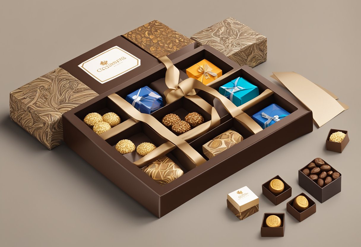 A table with neatly arranged boxes of chocolates, branded with corporate logos, surrounded by elegant gift wrapping materials
