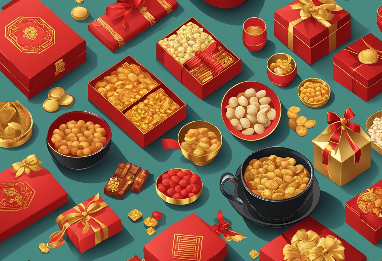 A table filled with red and gold corporate gifts for Chinese New Year. Boxes of tea, traditional snacks, and lucky charms are neatly arranged