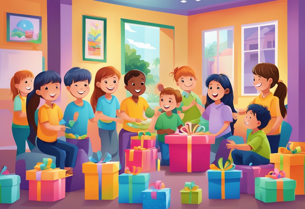 Children happily receiving corporate gift design in a colorful, playful setting