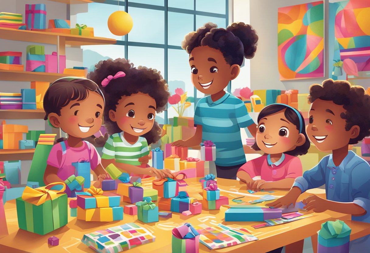 A group of children eagerly examine a table filled with colorful and playful corporate gift designs. Bright packaging and fun patterns catch their attention