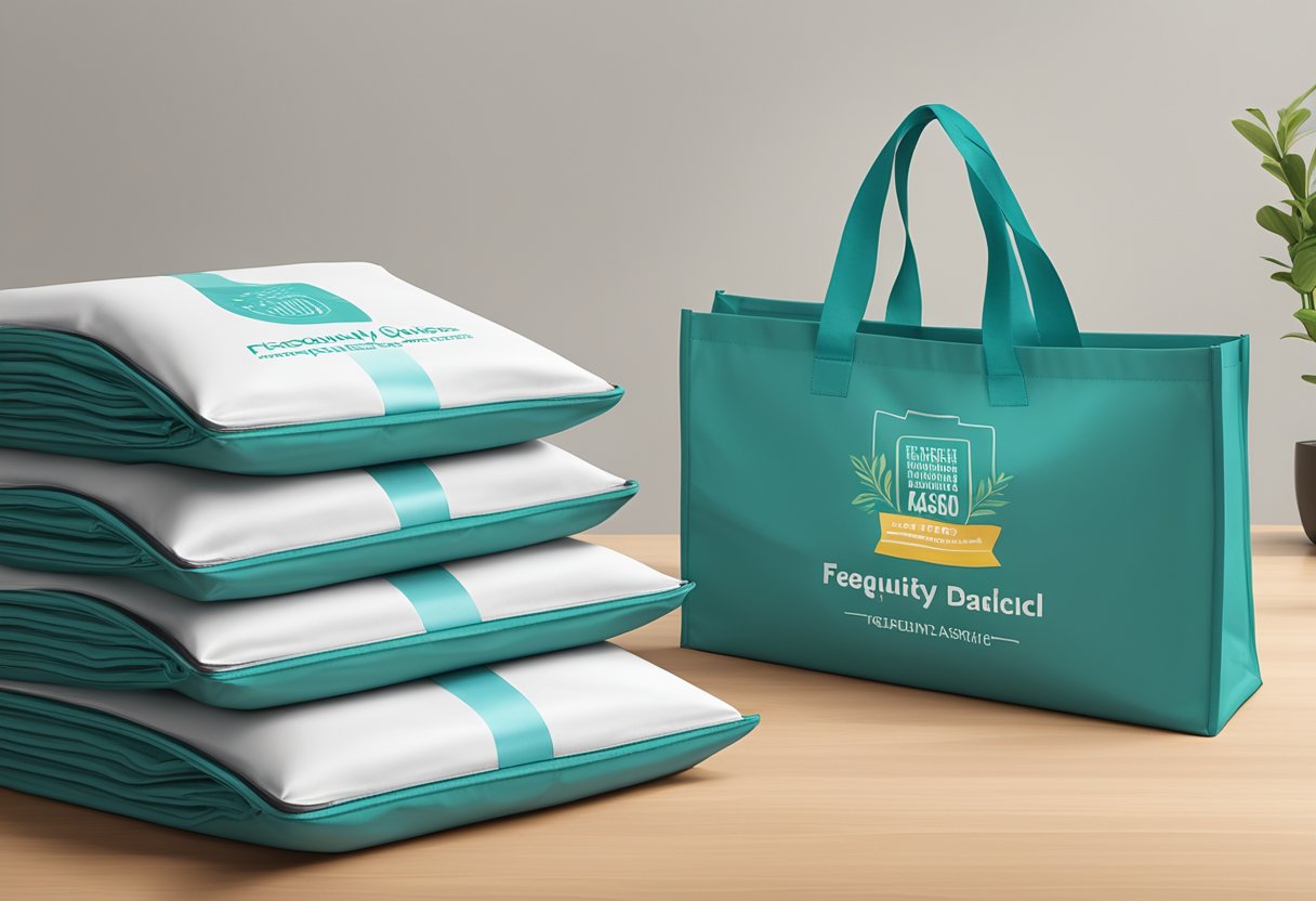 A stack of branded reusable foldable bags sits on a table, with a sign reading "Frequently Asked Questions corporate gift" nearby