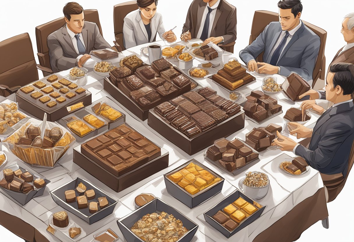 A table adorned with assorted chocolate corporate gifts, surrounded by curious onlookers