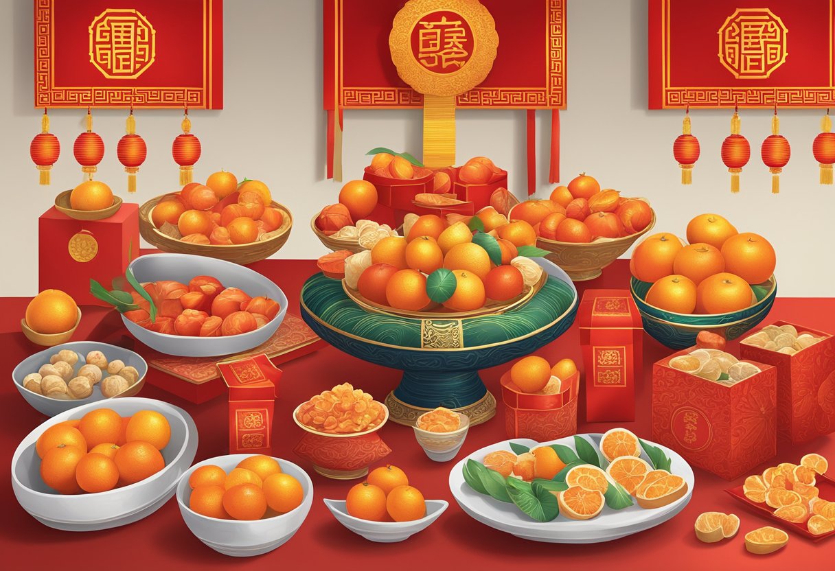 A table displays a variety of Chinese New Year corporate gifts, including red envelopes, tangerines, and traditional decorations
