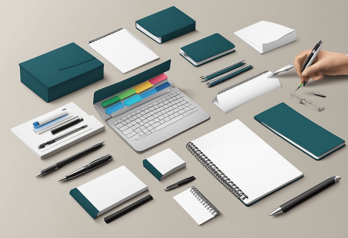 A hand reaches for a selection of corporate stationery items, including pens, notebooks, and folders. The items are being customized with company logos and branding