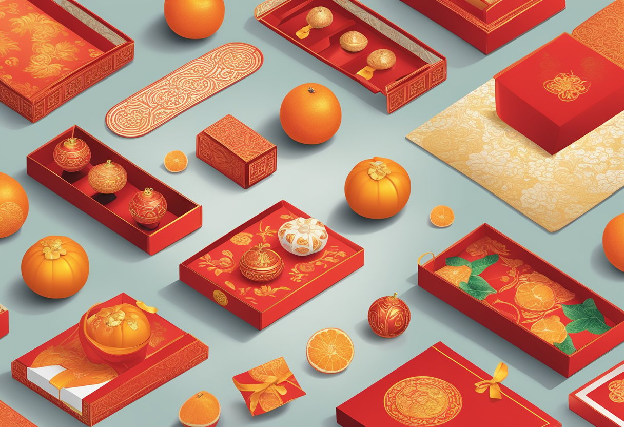 A table displays various CNY corporate gifts, including red envelopes, tangerines, and traditional Chinese ornaments. A company logo is subtly printed on each item