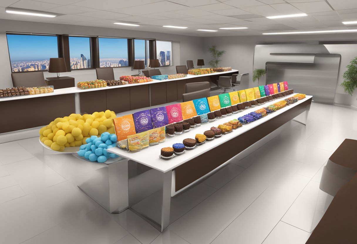 A table adorned with assorted chocolate gifts, branded with corporate logos, awaits distribution in a sleek office setting