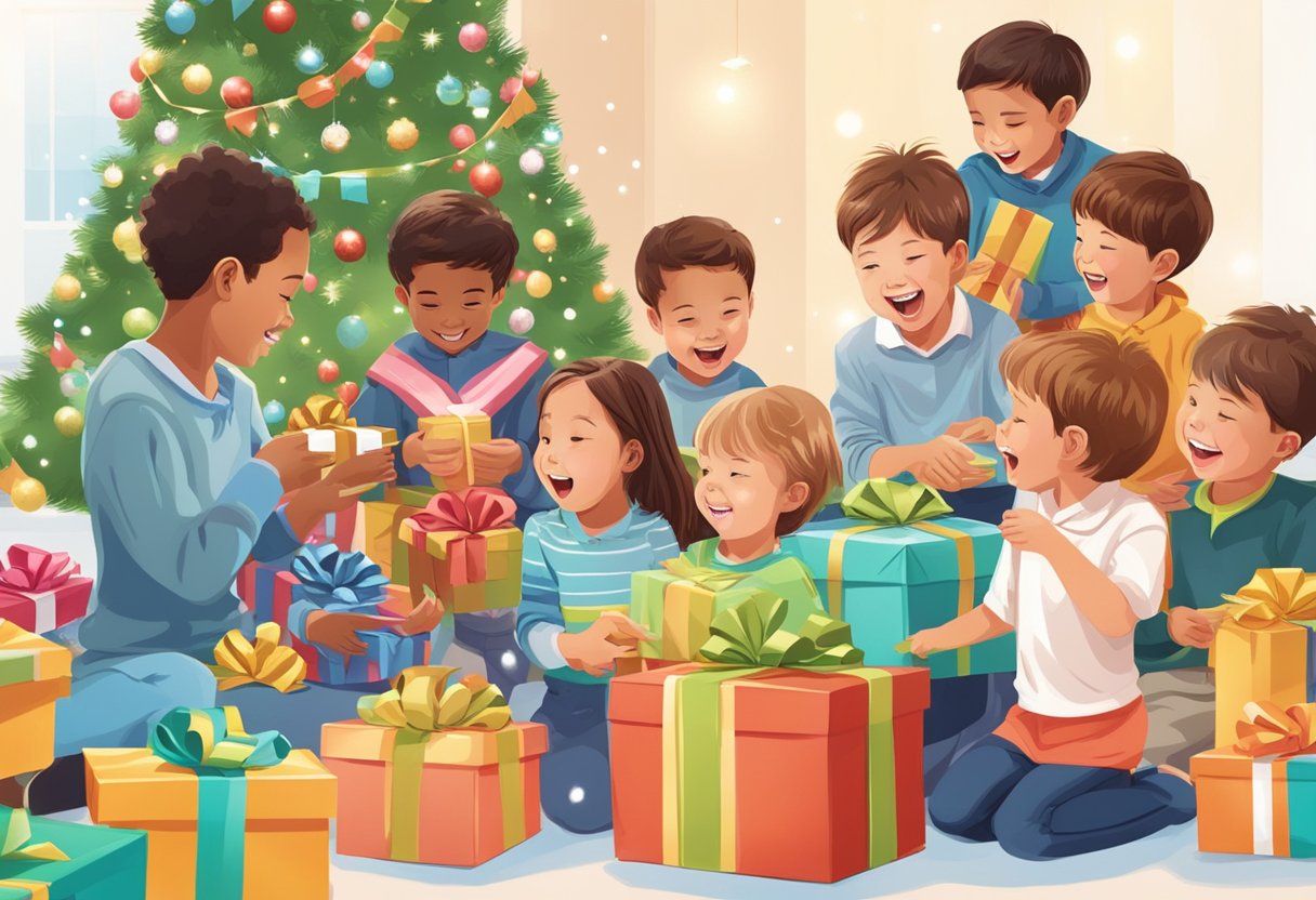 A group of children eagerly unwrap and admire corporate gifts designed specifically for them, showcasing excitement and joy