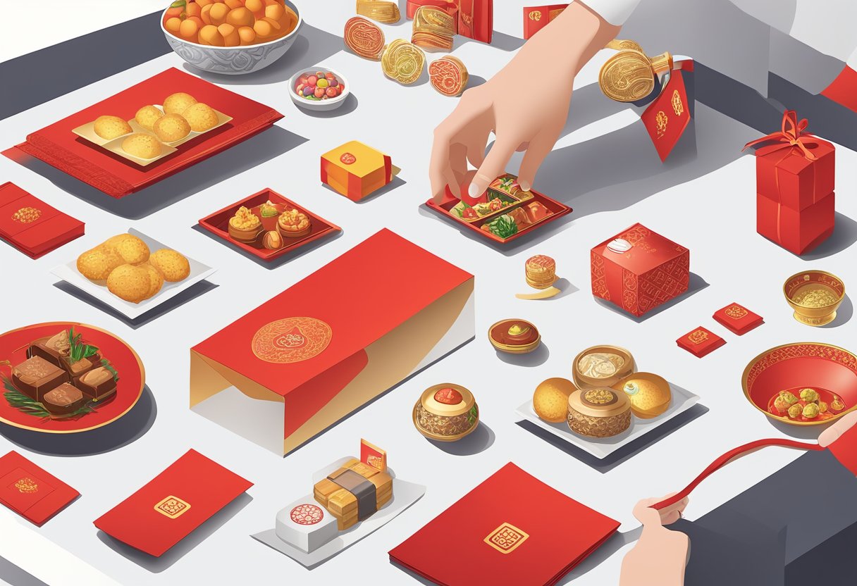 A hand reaches for a selection of CNY corporate gifts on a table, including traditional red envelopes, luxury food items, and branded merchandise