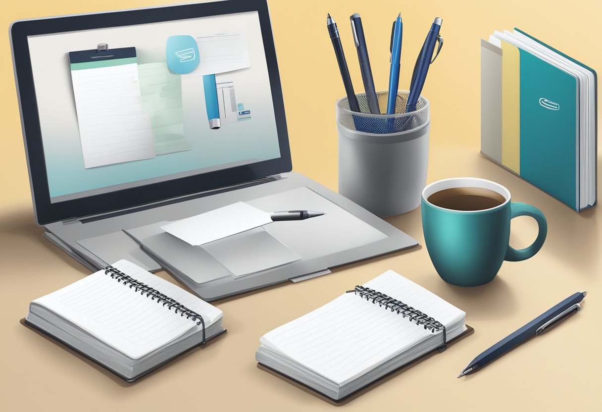 A table with branded corporate gift stationary items neatly arranged, including notebooks, pens, and mugs. A sign with "Frequently Asked Questions" displayed prominently