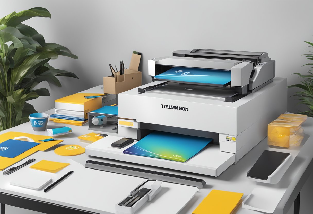 A table with branded merchandise, a logo printing machine, and a designer creating custom corporate gifts