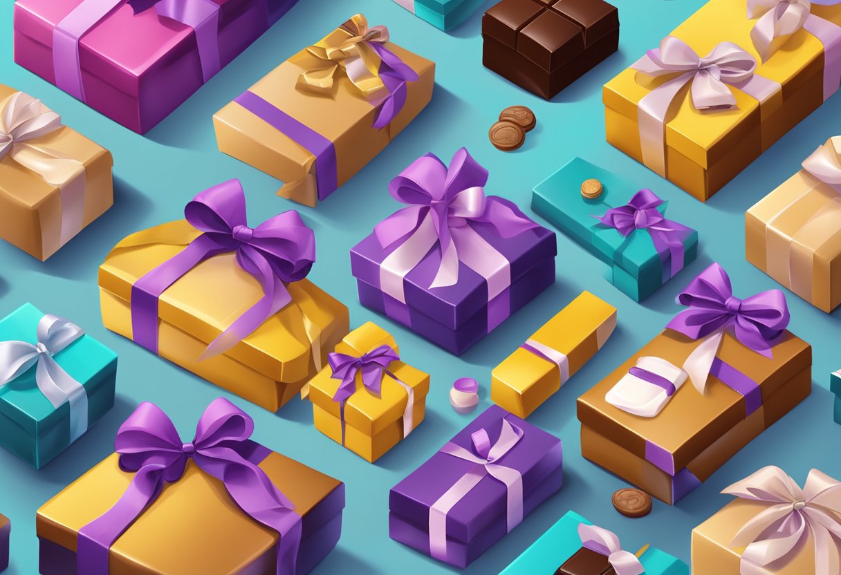 A table with assorted chocolate gifts, corporate logos on packaging, surrounded by question marks