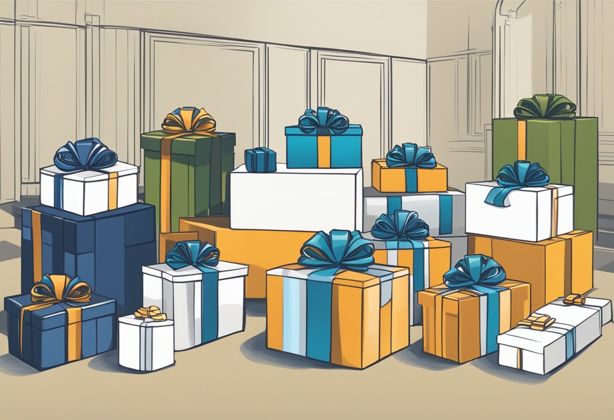 Gifts neatly arranged on a table with company logo backdrop. Staff in formal attire preparing for presentation