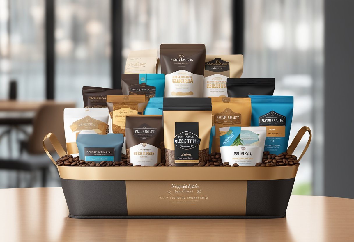 A variety of coffee blends arranged in a gift basket, adorned with corporate branding and ribbons, displayed on a sleek, modern table