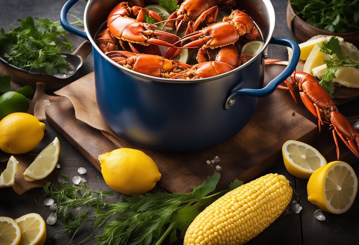 A pot of boiling water with lobsters, surrounded by Old Bay seasoning, lemons, and corn on the cob