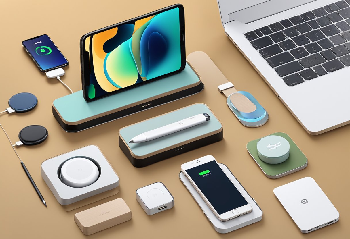 A sleek desk organizer holds a wireless charging pad, stylish pen set, and high-tech Bluetooth speaker, surrounded by branded USB drives and smart notebooks