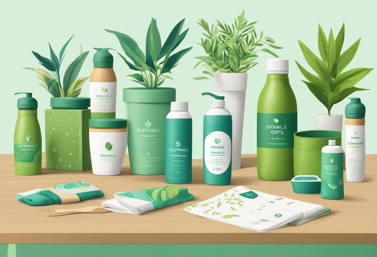A table adorned with eco-friendly gifts: reusable water bottles, bamboo utensils, and plant-based skincare sets. A banner reads "Sustainable Gifts for Corporate Giving."