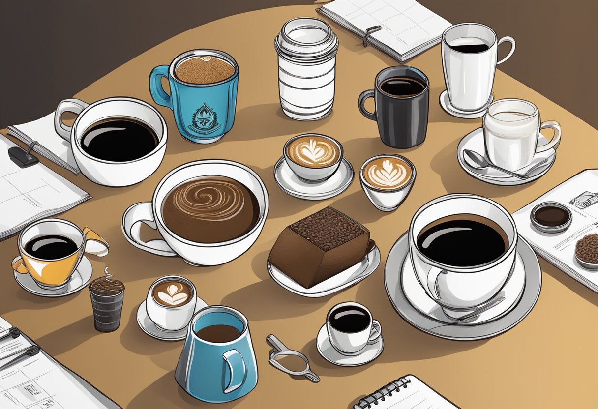 A table with various coffee blends and branded corporate gift items displayed
