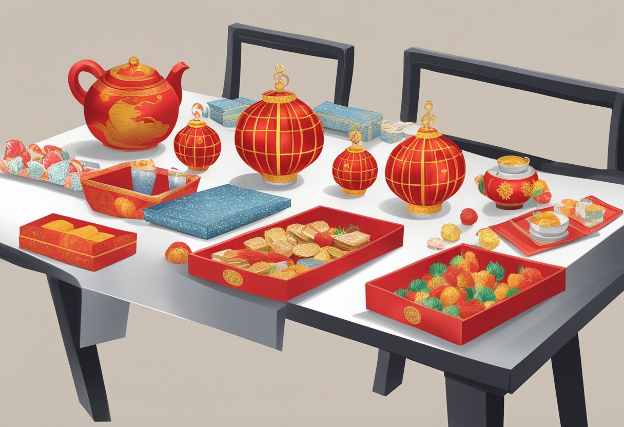 A table adorned with custom Chinese New Year corporate gifts, showcasing unique and personalized items for companies