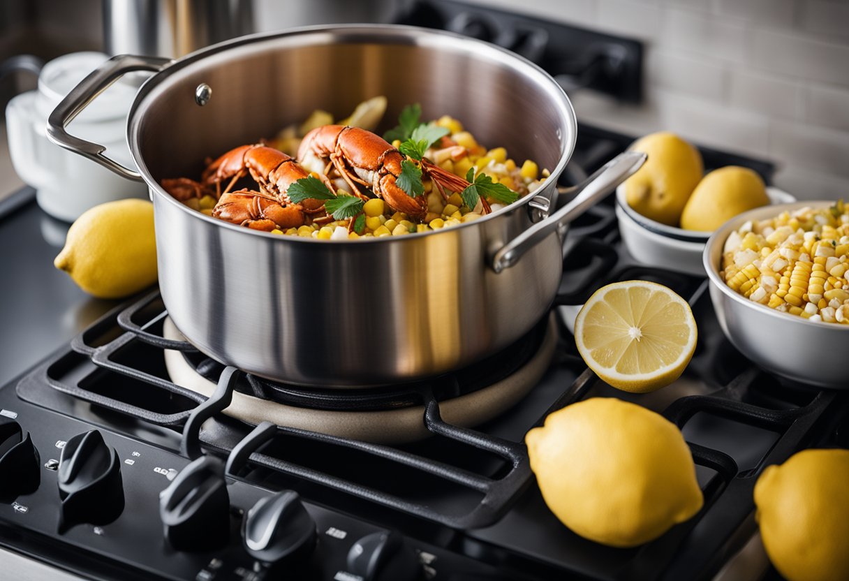A pot filled with water, lobster, and Old Bay seasoning sits on a stovetop. Ingredients like corn, potatoes, and lemons are arranged nearby
