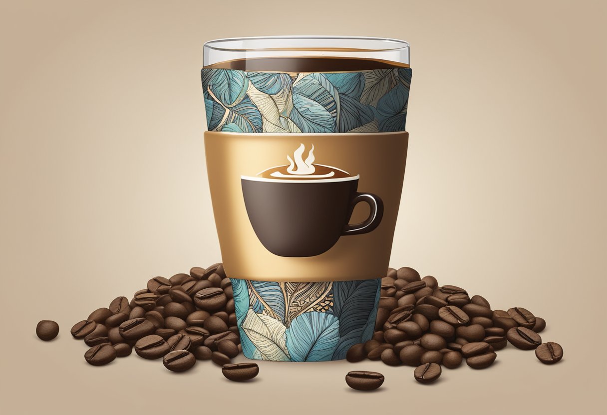 A custom coffee tumbler sits on a table, adorned with unique designs and personalized details. The tumbler is filled with steaming coffee, surrounded by scattered coffee beans and a cozy atmosphere