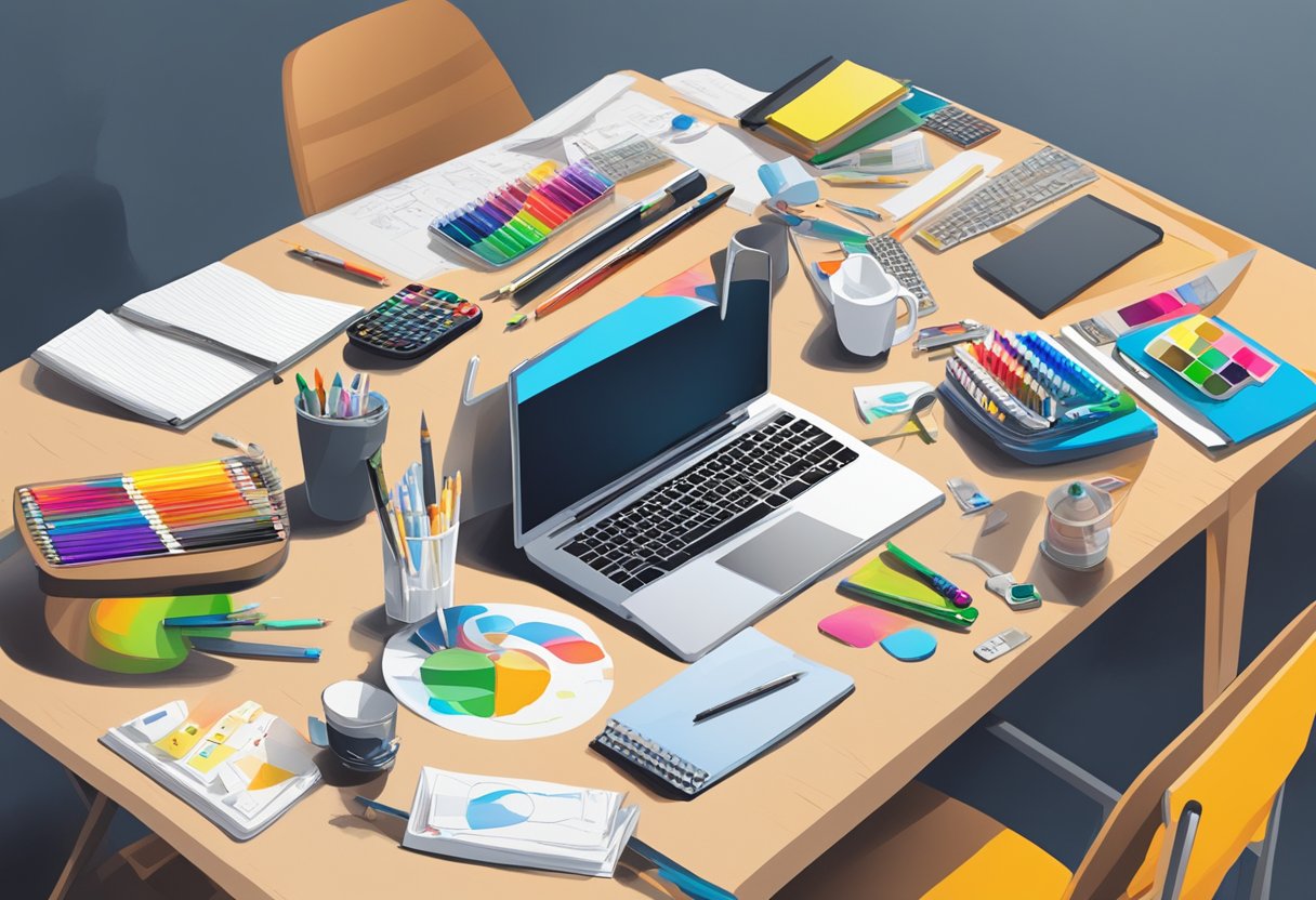 A table with various customisation materials: pens, notebooks, and electronic devices. A designer's desk cluttered with paint, markers, and stencils