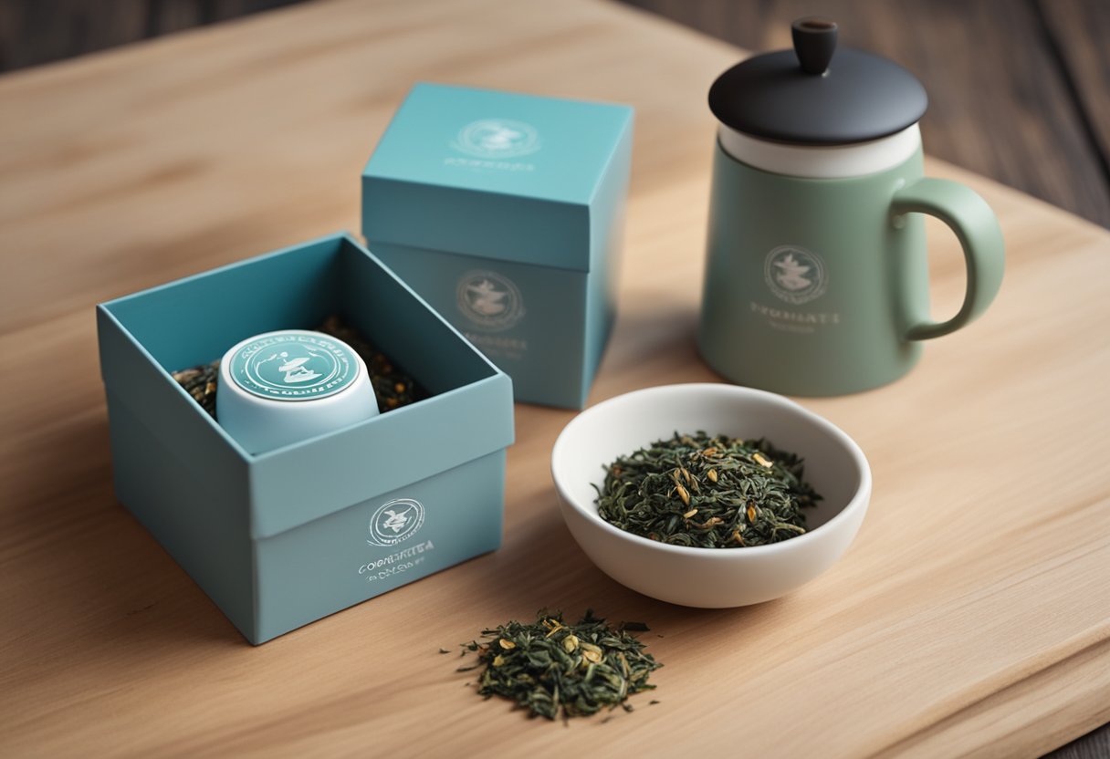 A ceramic tea infuser with a corporate logo sits in a branded gift box on a wooden table, surrounded by loose tea leaves and a steaming cup of tea