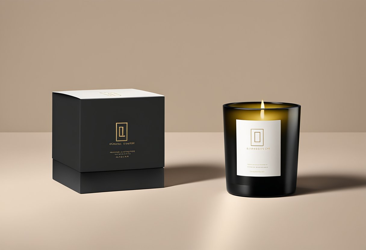 A sleek, modern candle sits on a polished desk next to a branded corporate gift box. The warm glow of the candle illuminates the elegant packaging, creating a sense of luxury and sophistication