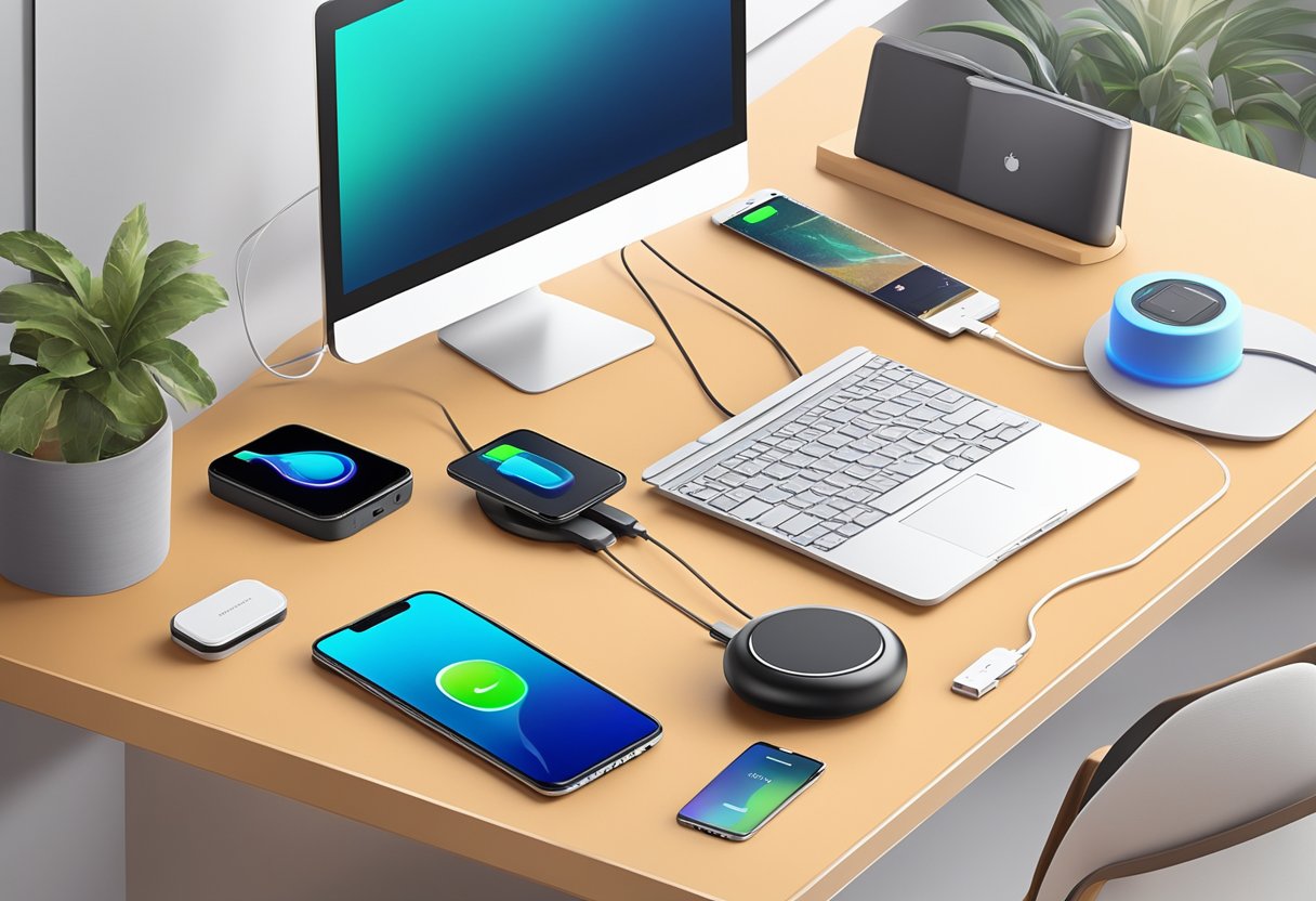 A sleek modern office desk adorned with the latest tech gadgets: wireless chargers, smart speakers, sleek headphones, and stylish portable phone chargers