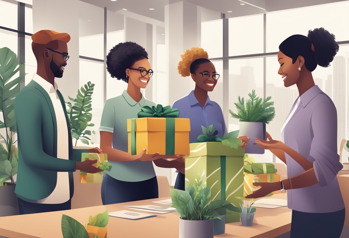 A diverse group of corporate employees exchanging eco-friendly gifts in a modern office setting, surrounded by sustainable decorations and greenery
