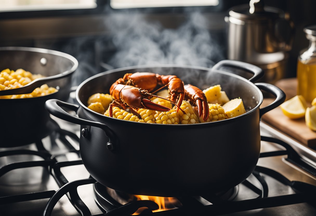 A pot of boiling water with lobsters, potatoes, and corn, seasoned with Old Bay, steaming on a stovetop