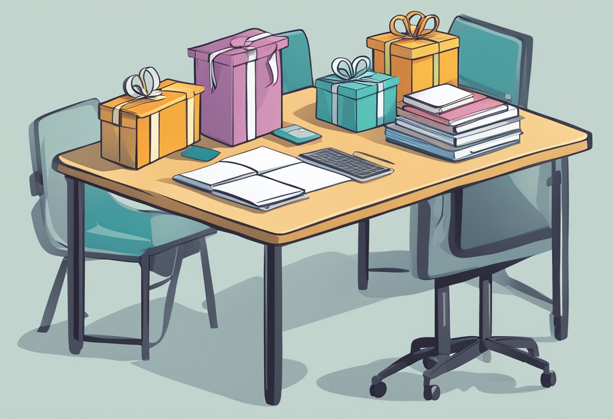 A table with various corporate gifts and customization options displayed, a sign with "Frequently Asked Questions" next to it