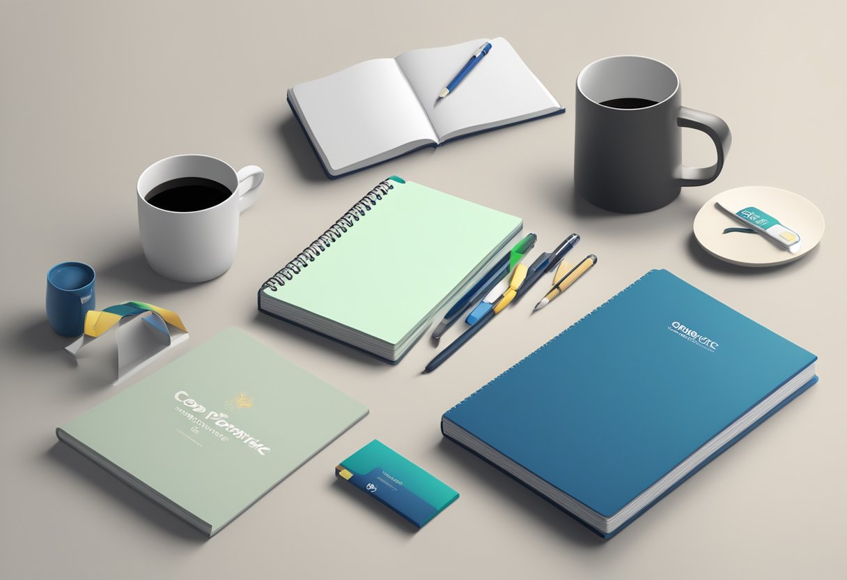 A table with branded pens, notebooks, and mugs. A stack of gift boxes with company logos. A professional setting with corporate branding