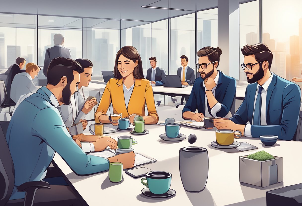 A group of employees in a modern office setting, enjoying a relaxing tea break with ceramic tea infusers as corporate gifts on their desks