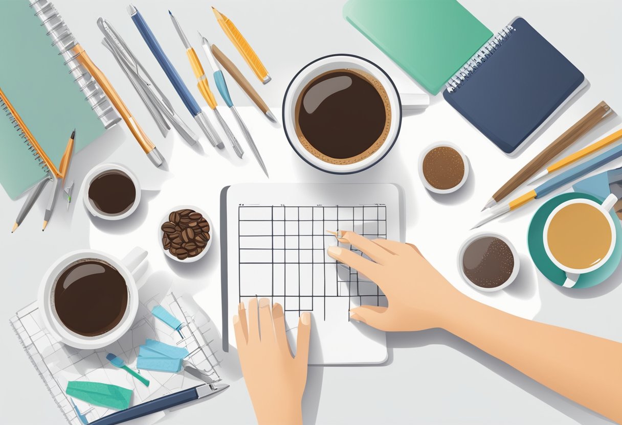 A hand reaches for a blank coffee tumbler, surrounded by various design tools and materials. The tumbler sits on a clean, well-lit work surface, ready for customization