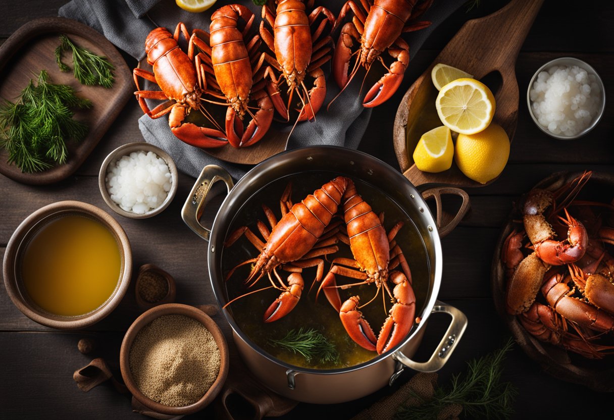 A pot of boiling water with lobsters, surrounded by Old Bay seasoning and a stack of frequently asked questions about the lobster boil recipe