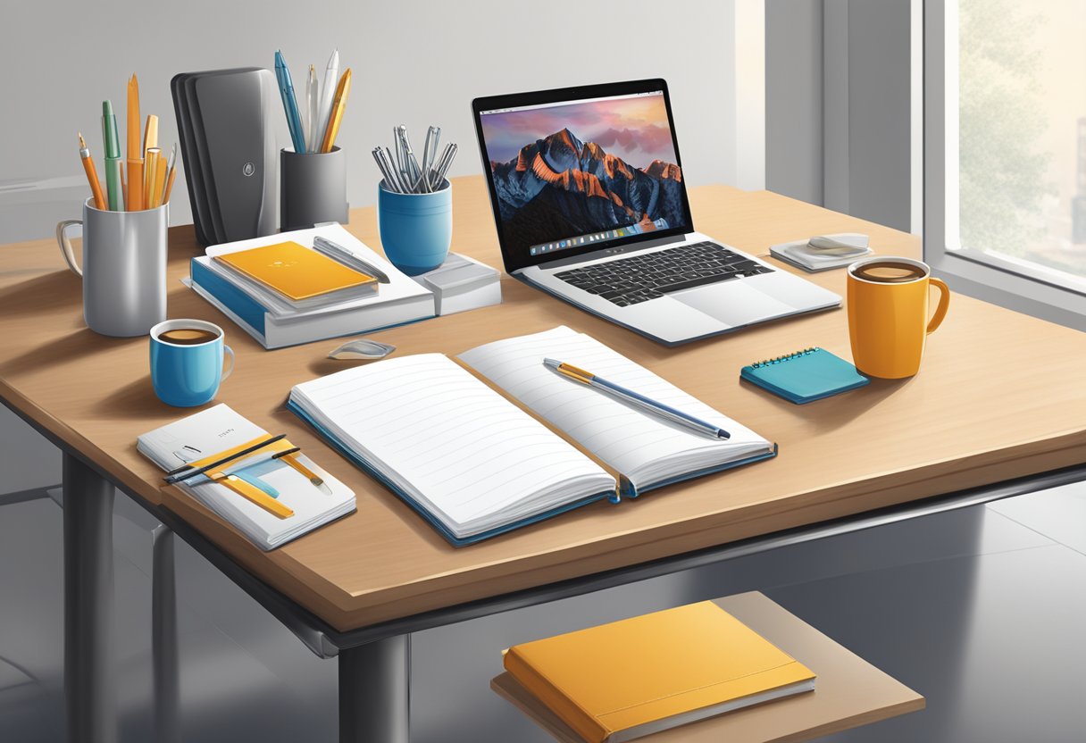 A table adorned with branded merchandise, including elegant pens, sleek notebooks, and stylish drinkware, displayed in a well-lit room