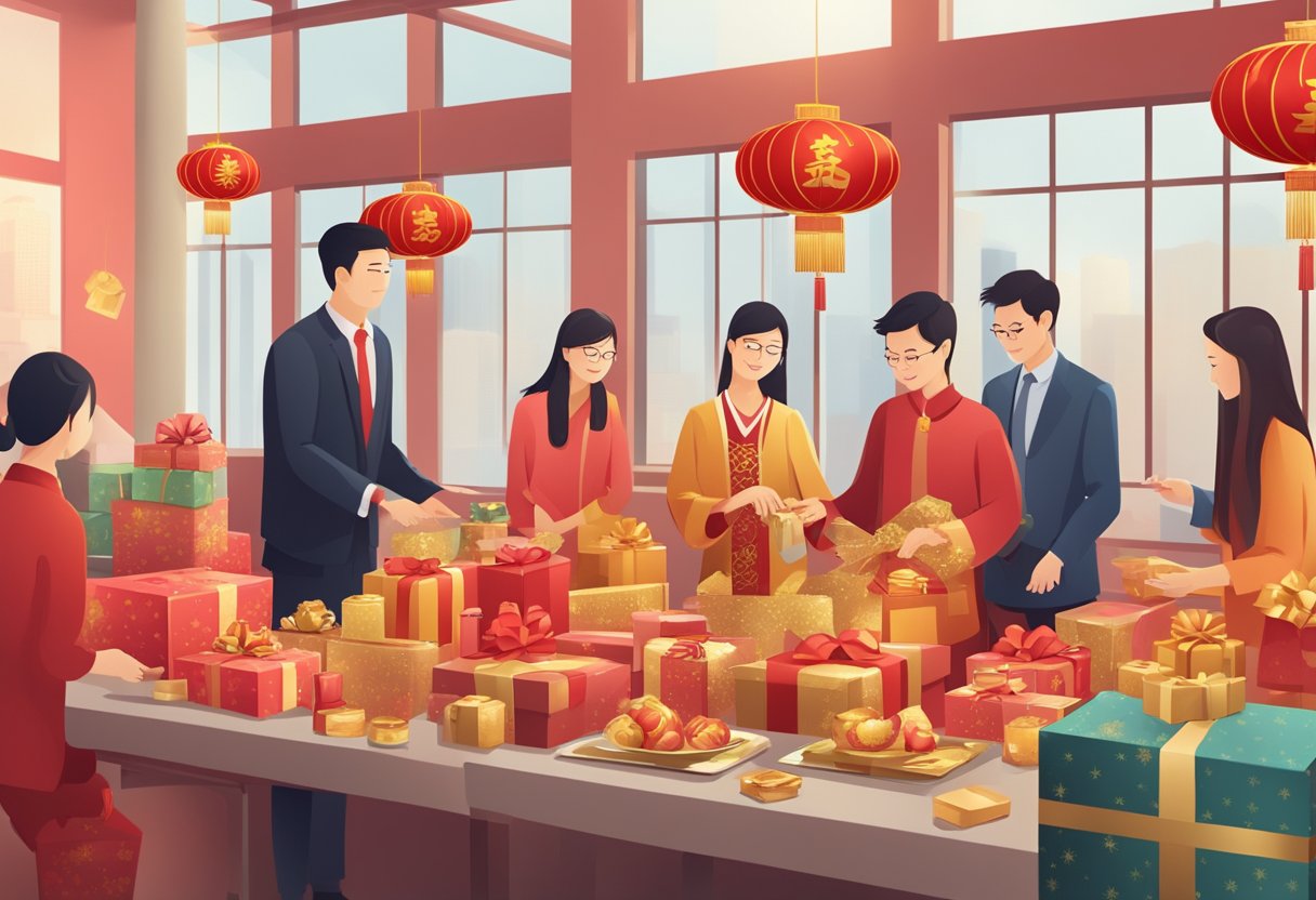 A festive Chinese New Year gift exchange at a corporate office, with red and gold decorations, traditional Chinese symbols, and a table full of beautifully wrapped gifts
