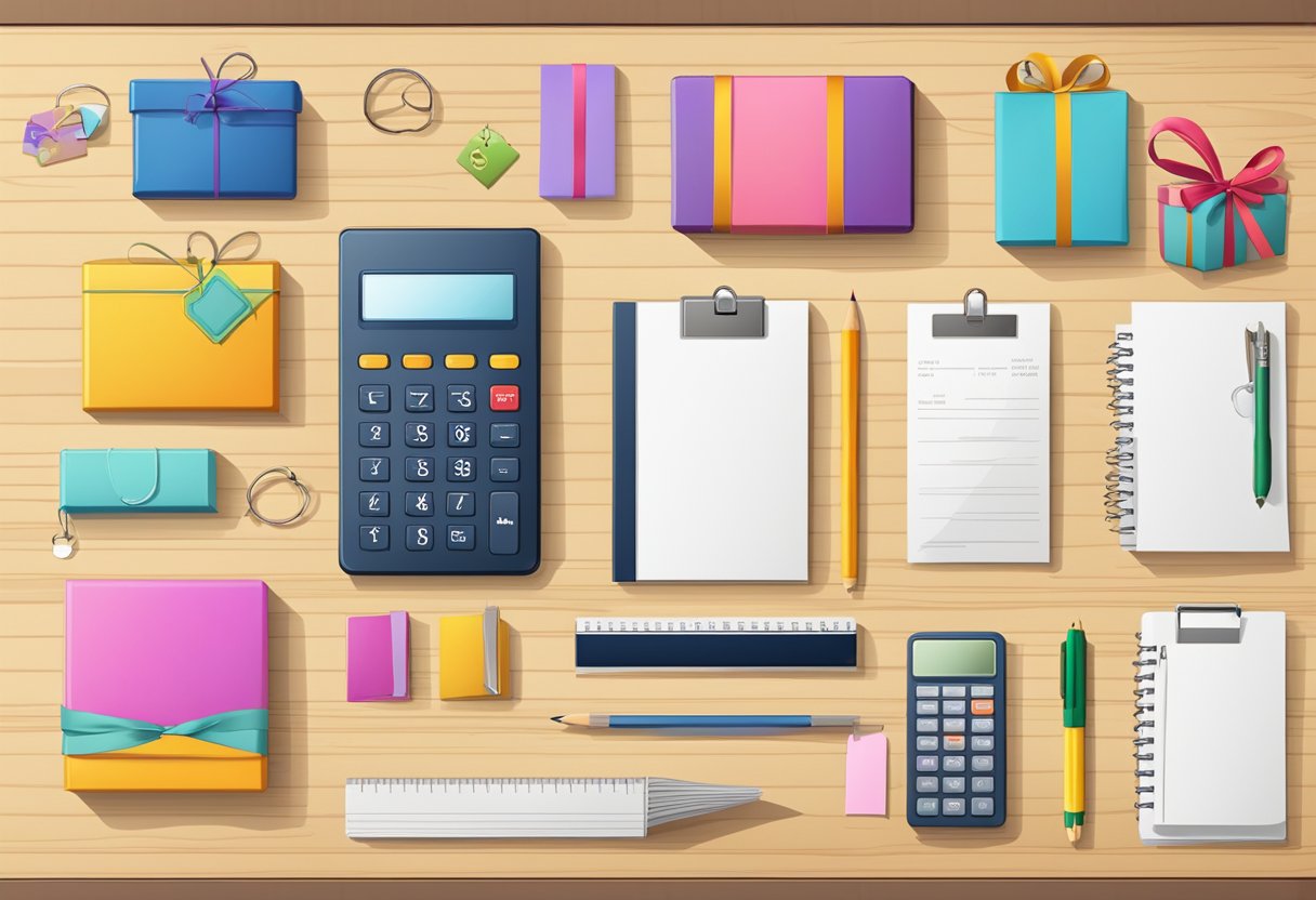A table with various gift options, price tags, and a calculator