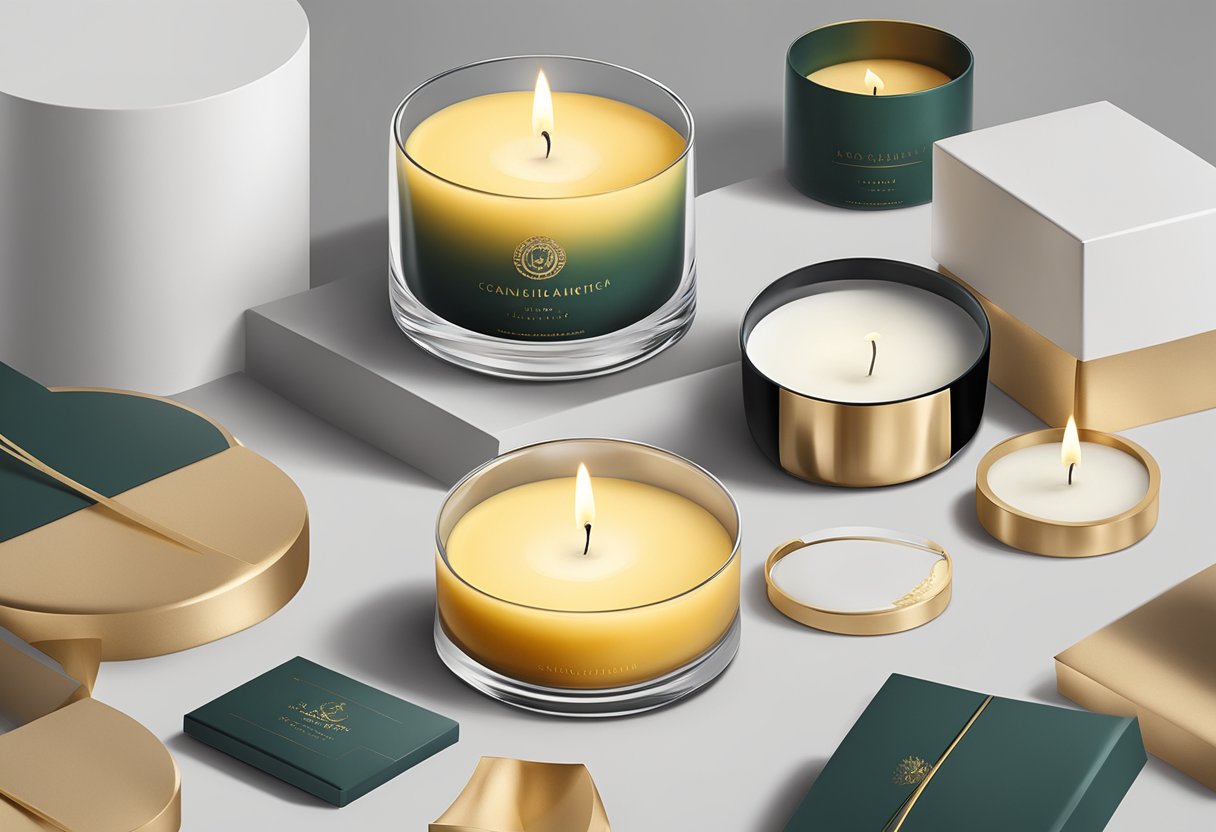 A table adorned with elegant corporate gifts, featuring branded candles in sleek packaging, radiating warmth and sophistication