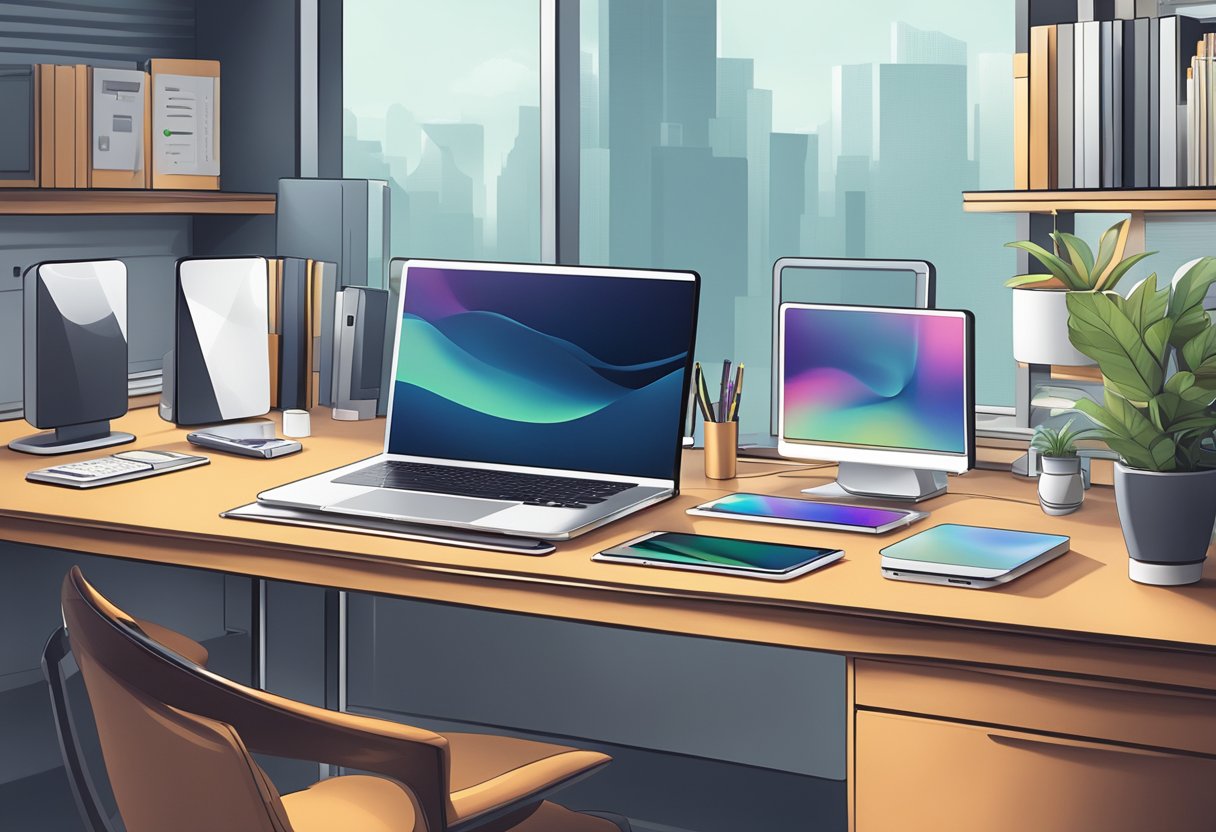 A sleek desk with a variety of high-tech gadgets, such as wireless chargers, smart speakers, and stylish USB drives, displayed neatly in an office setting