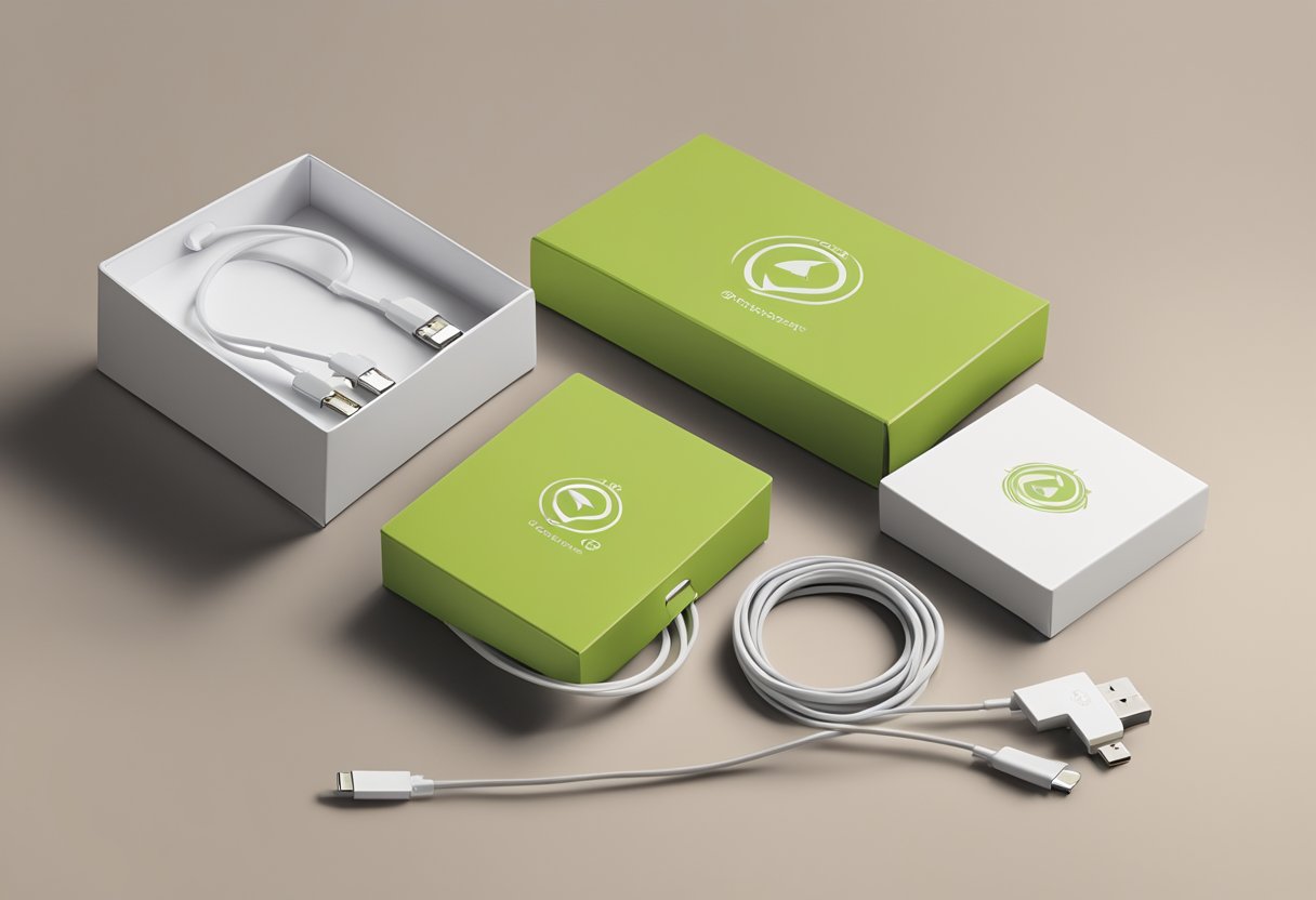 A charging cable with a corporate logo sits in a sleek gift box, surrounded by branded packaging and a note of thanks