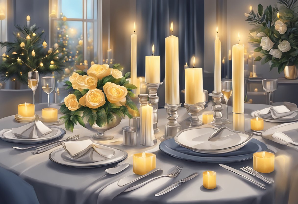 A table adorned with flickering candles and elegant corporate gifts