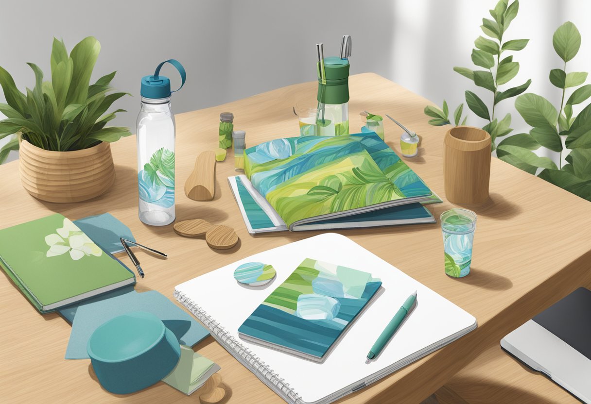 A table adorned with eco-friendly gifts like reusable water bottles, bamboo utensils, and recycled notebooks for corporate gifting