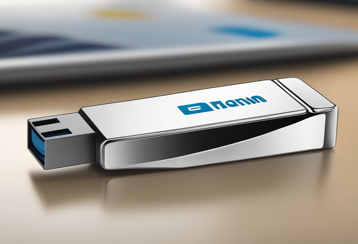 A branded USB stick sits on a sleek desk, with a corporate logo engraved on its surface